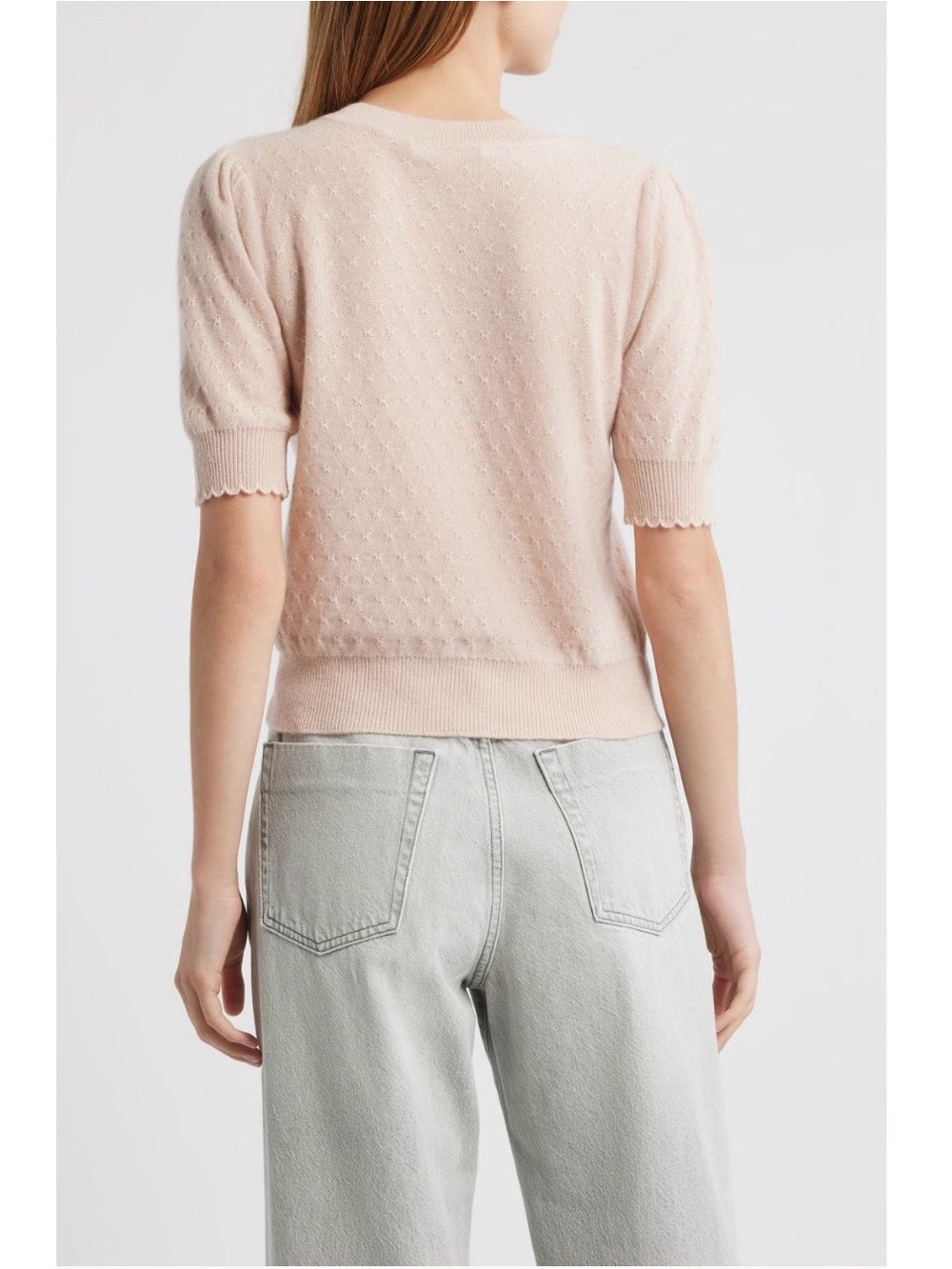 Frame Puff Sleeve Pointelle Cashmere Sweater in Pink Sand Size L - Picture 2 of 10